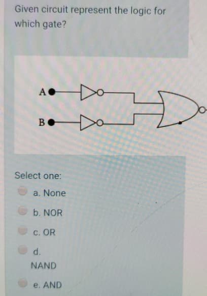Given circuit represent the logic for
which gate?
Α'
}
B
Select one:
a. None
b. NOR
c. OR
d.
NAND
e. AND