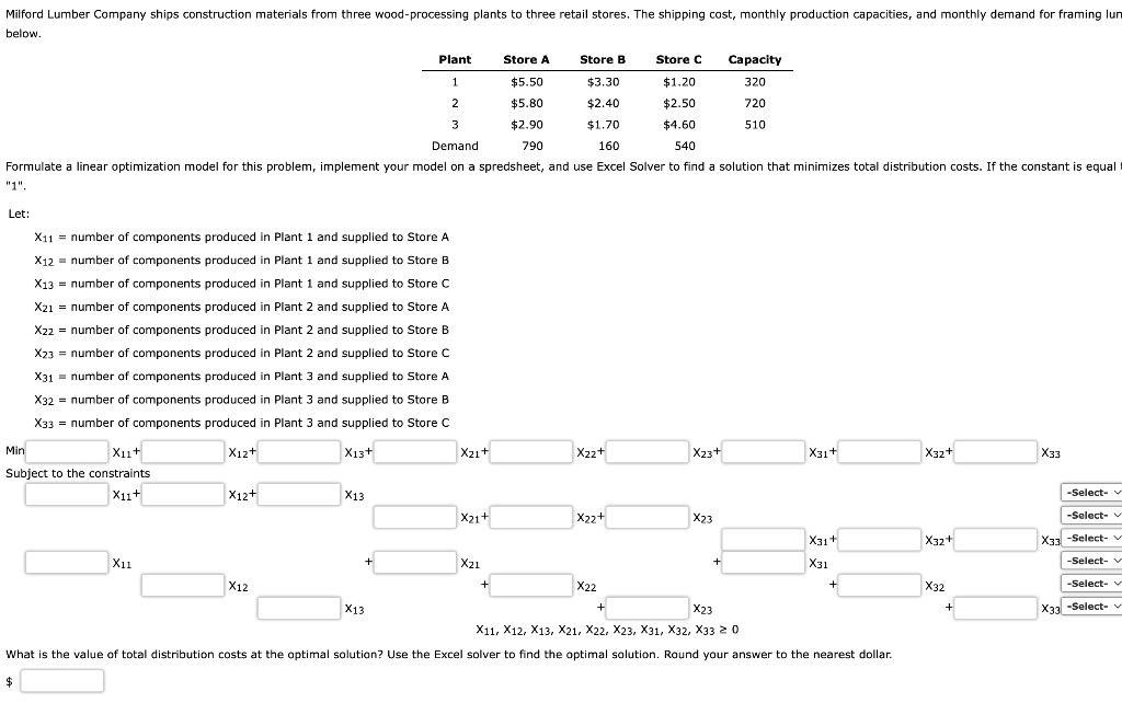 Milford Lumber Company ships construction materials from three wood-processing plants to three retail stores. The shipping cost, monthly production capacities, and monthly demand for framing lun
below.
Let:
Store C
$1.20
$2.50
3
$4.60
Demand
160
540
Formulate a linear optimization model for this problem, implement your model on a spredsheet, and use Excel Solver to find a solution that minimizes total distribution costs. If the constant is equal
"1".
X11 = number of components produced in Plant 1 and supplied to Store A
X12 = number of components produced in Plant 1 and supplied to Store B
X13 = number of components produced in Plant 1 and supplied to Store C
X21 number of components produced in Plant 2 and supplied to Store A
Xz2 = number of components produced in Plant 2 and supplied to Store B
X23 = number of components produced in Plant 2 and supplied to Store C
X31 number of components produced in Plant 3 and supplied to Store A
X32 = number of components produced in Plant 3 and supplied to Store B
X33 number of components produced in Plant 3 and supplied to Store C
X13+
Min
X11+
Subject to the constraints
X11+
X11
X12+
X12+
X12
Plant
1
2
X13
X13
X21+
X21+
X21
Store A
$5.50
$5.80
$2.90
790
+
Store B
$3.30
$2.40
$1.70
X22+
X22+
X22
X23+
+
X23
Capacity
320
720
510
+
X31+
X31+
X31
X23
X11, X12, X13, X21, X22, X23, X31, X32, X33 20
What is the value of total distribution costs at the optimal solution? Use the Excel solver to find the optimal solution. Round your answer to the nearest dollar.
$
+
X32+
X32+
X32
+
X33
-Select-
-Select-
X33 -Select-v
-Select- v
-Select- v
X33 -Select- v