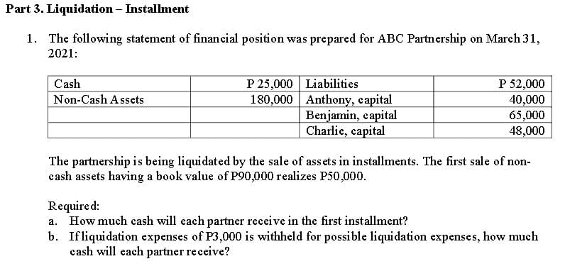 Part 3. Liquidation – Installment
1. The following statement of financial position was prepared for ABC Partnership on March 31,
2021:
P 25,000 Liabilities
180,000 Anthony, capital
Benjamin, capital
Charlie, capital
P 52,000
40,000
65,000
Cash
Non-Cash A ssets
48,000
The partnership is being liquidated by the sale of assets in installments. The first sale of non-
cash assets having a book value of P90,000 realizes P50,000.
Require d:
a. How much cash will each partner receive in the first installment?
b. Ifliquidation expenses of P3,000 is withheld for possible liquidation expenses, how much
cash will each partner receive?
