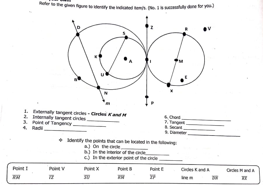 Rerer to the given figure to identify the Indicated item/s. (No. 1 is successfully done for you.)
R
Ov
K
A
U
E
B
m
1. Externally tangent circles - Circles Kand M
2. Internally tangent circles
3. Point of Tangency
4. Radi
6. Chord
7. Tangent
8. Secant
9. Diameter
Identify the points that can be located in the following:
a.) On the circle.
b.) In the interior of the circle_
c.) In the exterior point of the circle
Point I
Point V
Point X
Point B
Point E
Circles K and A
Circles M and A
RM
IZ
SU
RM
ZP
line m
DN
RX
