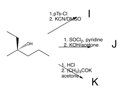 ||||OH
1.pTs-Cl
2. KCN/DM50
1
1. SOCl₂, pyridine
2. KOH/acetone
1. HCI
2. (CH3)3COK
acetone
K
J
