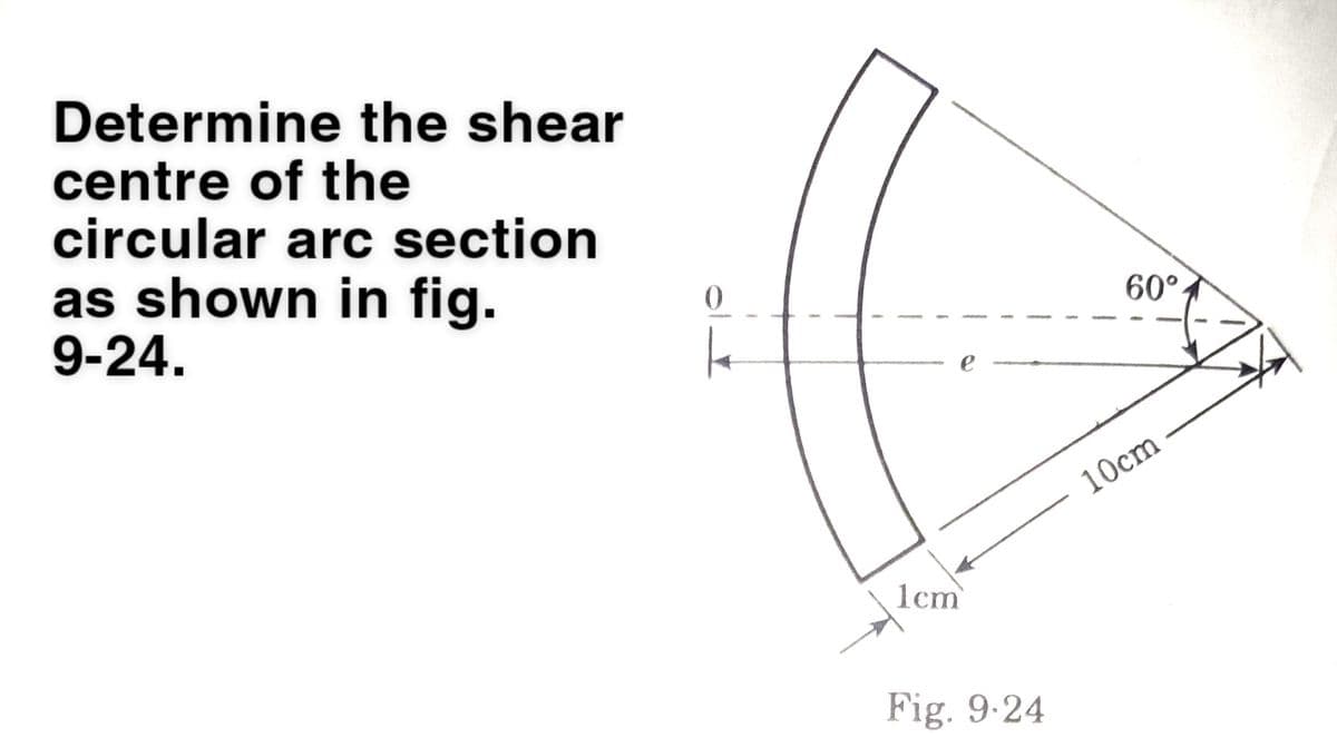 Determine the shear
centre of the
circular arc section
as shown in fig.
9-24.
0
k
e
1cm
Fig. 9.24
60°
10cm