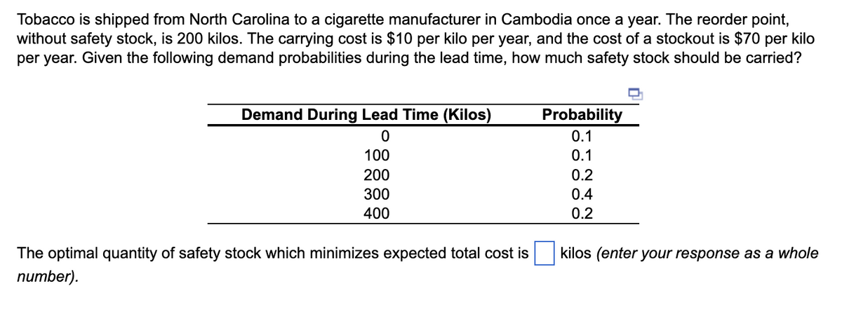 Tobacco is shipped from North Carolina to a cigarette manufacturer in Cambodia once a year. The reorder point,
without safety stock, is 200 kilos. The carrying cost is $10 per kilo per year, and the cost of a stockout is $70 per kilo
per year. Given the following demand probabilities during the lead time, how much safety stock should be carried?
Demand During Lead Time (Kilos)
0
100
200
300
400
The optimal quantity of safety stock which minimizes expected total cost is
number).
Probability
0.1
0.1
0.2
0.4
0.2
kilos (enter your response as a whole