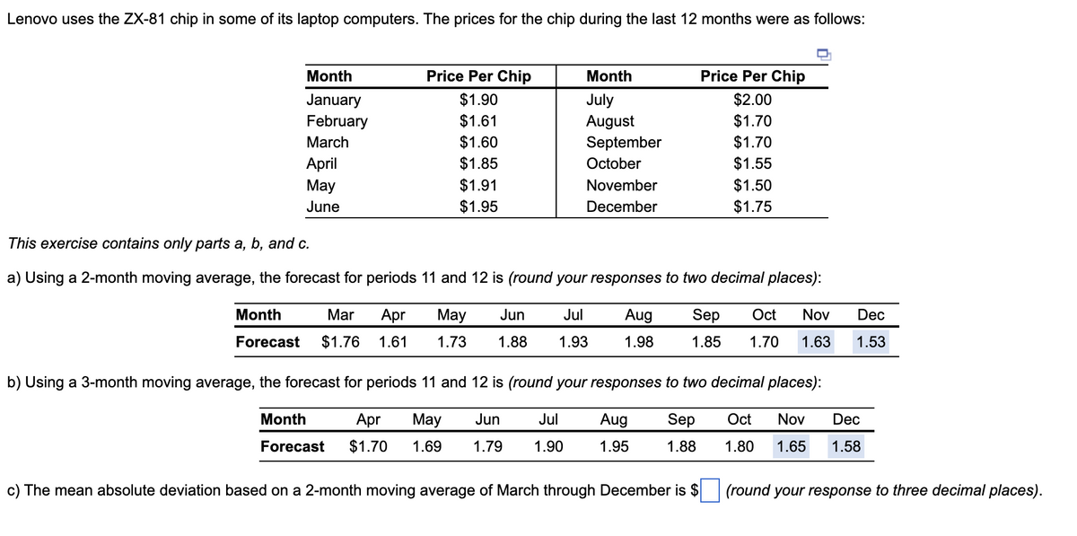 Lenovo uses the ZX-81 chip in some of its laptop computers. The prices for the chip during the last 12 months were as follows:
Month
January
February
March
Month
Forecast
April
May
June
Price Per Chip
$1.90
$1.61
$1.60
$1.85
$1.91
$1.95
Month
July
August
Mar Apr May Jun
$1.76 1.61 1.73 1.88
September
October
November
December
This exercise contains only parts a, b, and c.
a) Using a 2-month moving average, the forecast for periods 11 and 12 is (round your responses to two decimal places):
Jul Aug Sep Oct Nov Dec
1.93 1.98 1.85 1.70 1.63 1.53
Price Per Chip
$2.00
$1.70
$1.70
$1.55
$1.50
$1.75
b) Using a 3-month moving average, the forecast for periods 11 and 12 is (round your responses to two decimal places):
Month Apr May Jun Jul
Forecast $1.70 1.69 1.79 1.90
Aug Sep
1.95 1.88
Oct Nov Dec
1.80 1.65 1
1.58
c) The mean absolute deviation based on a 2-month moving average of March through December is $
(round your response to three decimal places).