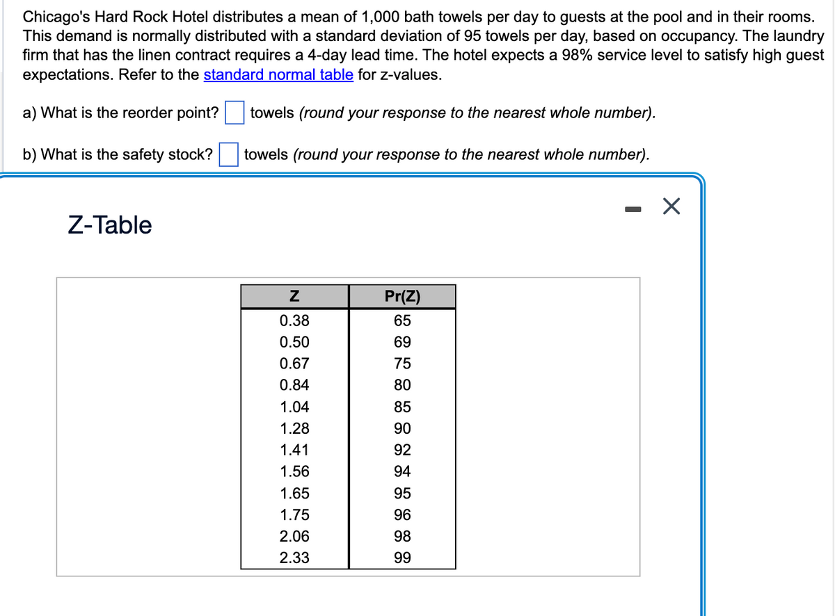 Chicago's Hard Rock Hotel distributes a mean of 1,000 bath towels per day to guests at the pool and in their rooms.
This demand is normally distributed with a standard deviation of 95 towels per day, based on occupancy. The laundry
firm that has the linen contract requires a 4-day lead time. The hotel expects a 98% service level to satisfy high guest
expectations. Refer to the standard normal table for z-values.
a) What is the reorder point?
towels (round your response to the nearest whole number).
towels (round your response to the nearest whole number).
b) What is the safety stock?
Z-Table
Z
0.38
0.50
0.67
0.84
1.04
1.28
1.41
1.56
1.65
1.75
2.06
2.33
Pr(Z)
65
69
75
80
85
90
92
94
95
96
98
99