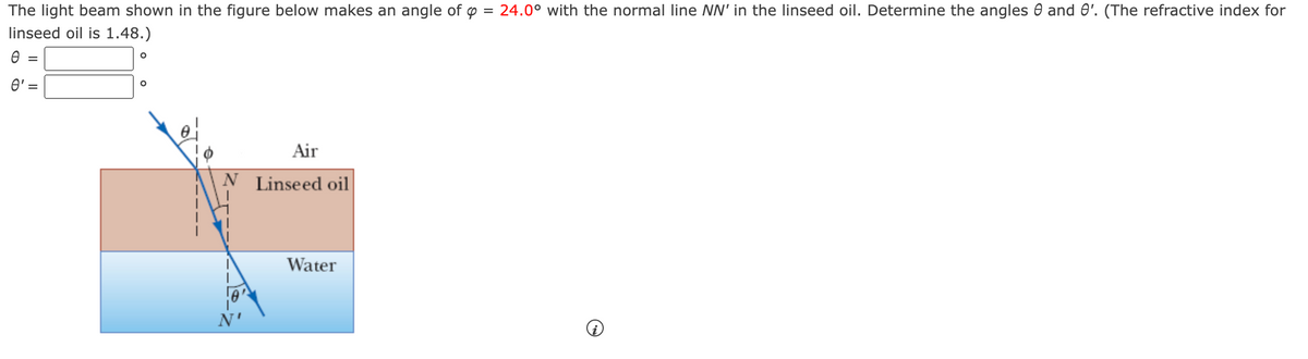 The light beam shown in the figure below makes an angle of p = 24.0° with the normal line NW' in the linseed oil. Determine the angles and 0'. (The refractive index for
linseed oil is 1.48.)
Ө
0' =
O
Air
N Linseed oil
Water