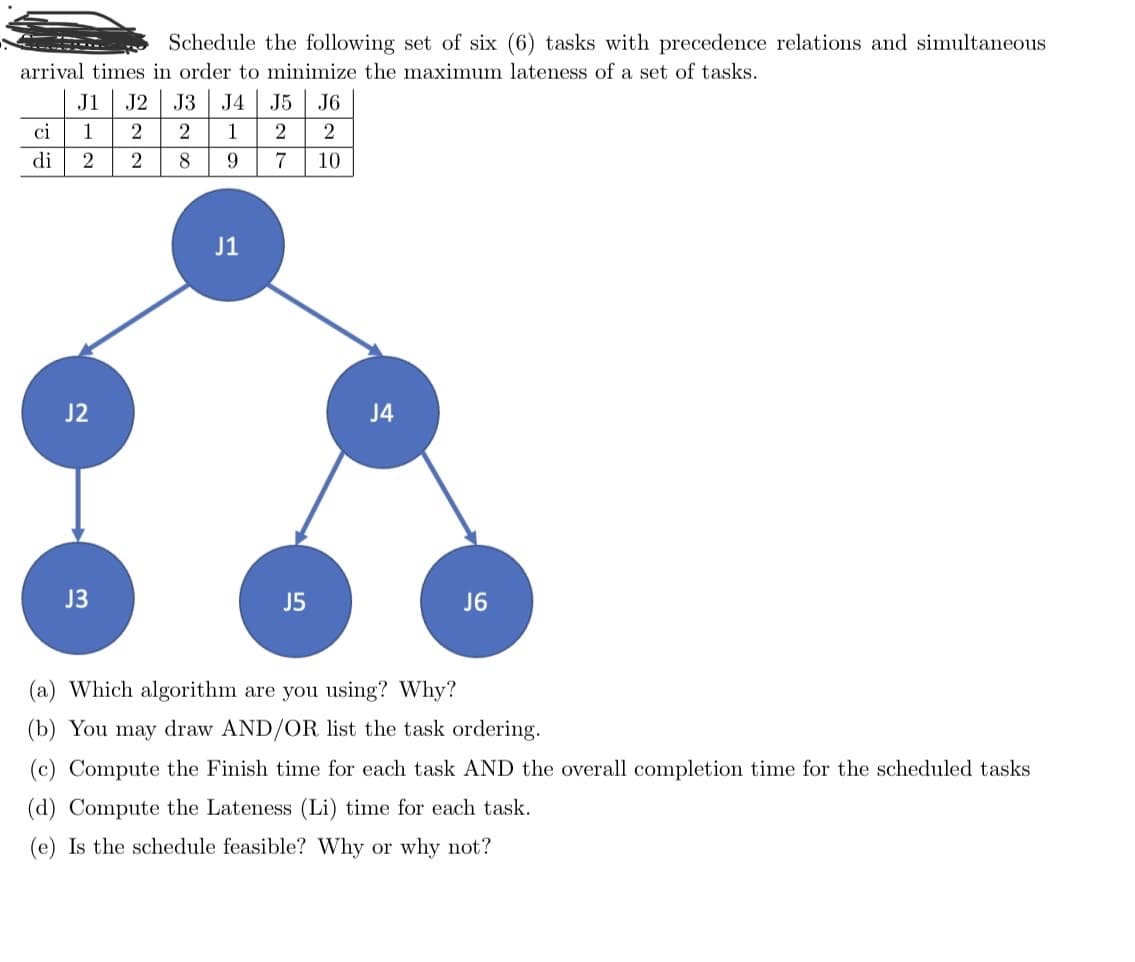 arrival times in order to minimize the maximum lateness of a set of tasks.
Schedule the following set of six (6) tasks with precedence relations and simultaneous
J1 J2 J3 J4 J5 J6
ci
1
2
2 1
2 2
di 2
2
8
9
7 10
J2
J3
J1
J5
J4
J6
(a) Which algorithm are you using? Why?
(b) You may draw AND/OR list the task ordering.
(c) Compute the Finish time for each task AND the overall completion time for the scheduled tasks
(d) Compute the Lateness (Li) time for each task.
(e) Is the schedule feasible? Why or why not?