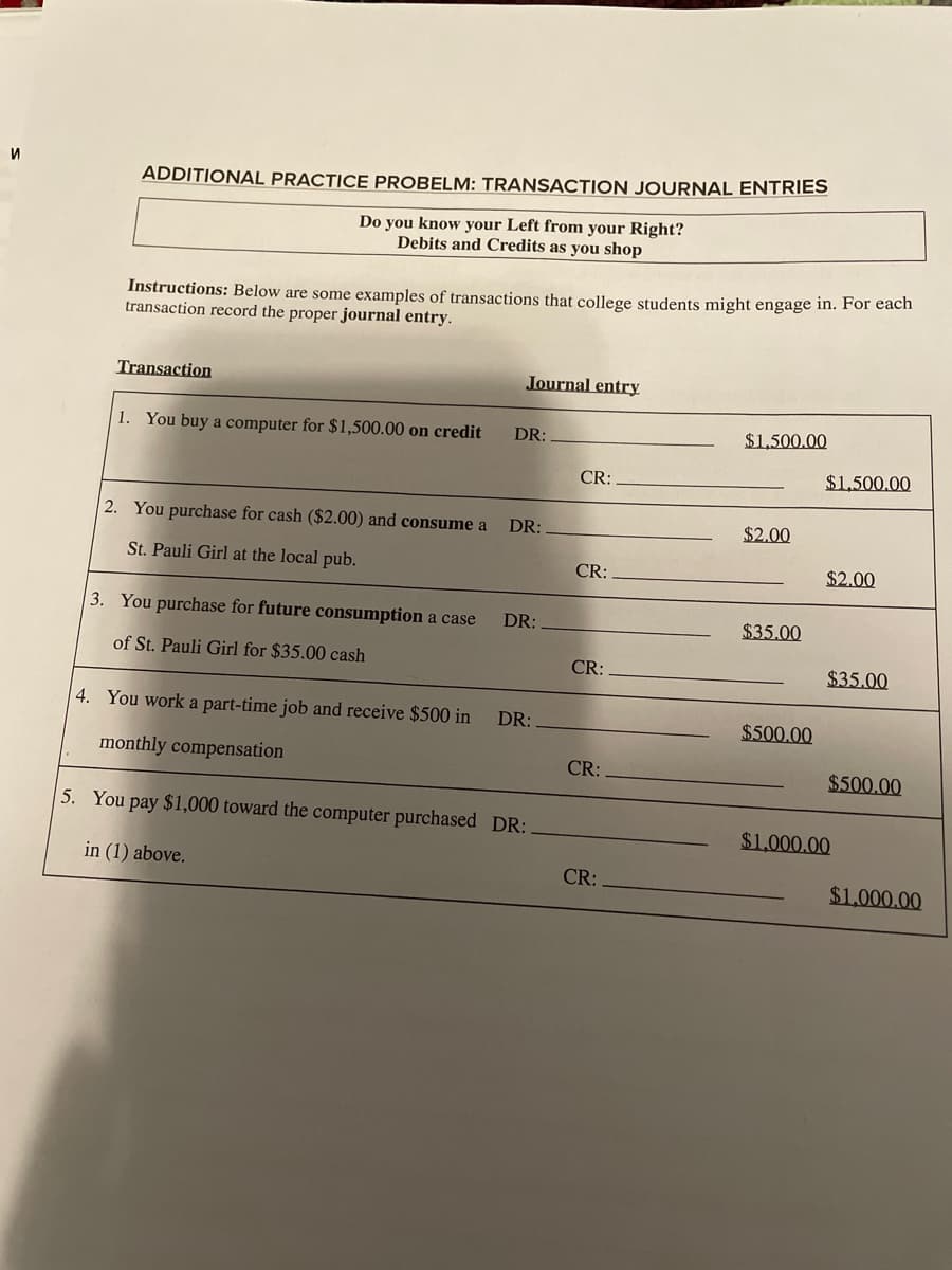 ADDITIONAL PRACTICE PROBELM: TRANSACTION JOURNAL ENTRIES
Do you know your Left from your Right?
Debits and Credits as you shop
Instructions: Below are some examples of transactions that college students might engage in. For each
transaction record the proper journal entry.
Transaction
Journal entry
1. You buy a computer for $1,500.00 on credit
DR:
$1,500.00
CR:
$1,500.00
| 2. You purchase for cash ($2.00) and consume a
DR:
$2.00
St. Pauli Girl at the local pub.
CR:
$2.00
3. You purchase for future consumption a case
DR:
$35.00
of St. Pauli Girl for $35.00 cash
CR:
$35.00
4. You work a part-time job and receive $500 in
DR:
$500.00
monthly compensation
CR:
$500.00
5. You pay $1,000 toward the computer purchased DR:
$1.000.00
in (1) above.
CR:
$1,000.00
