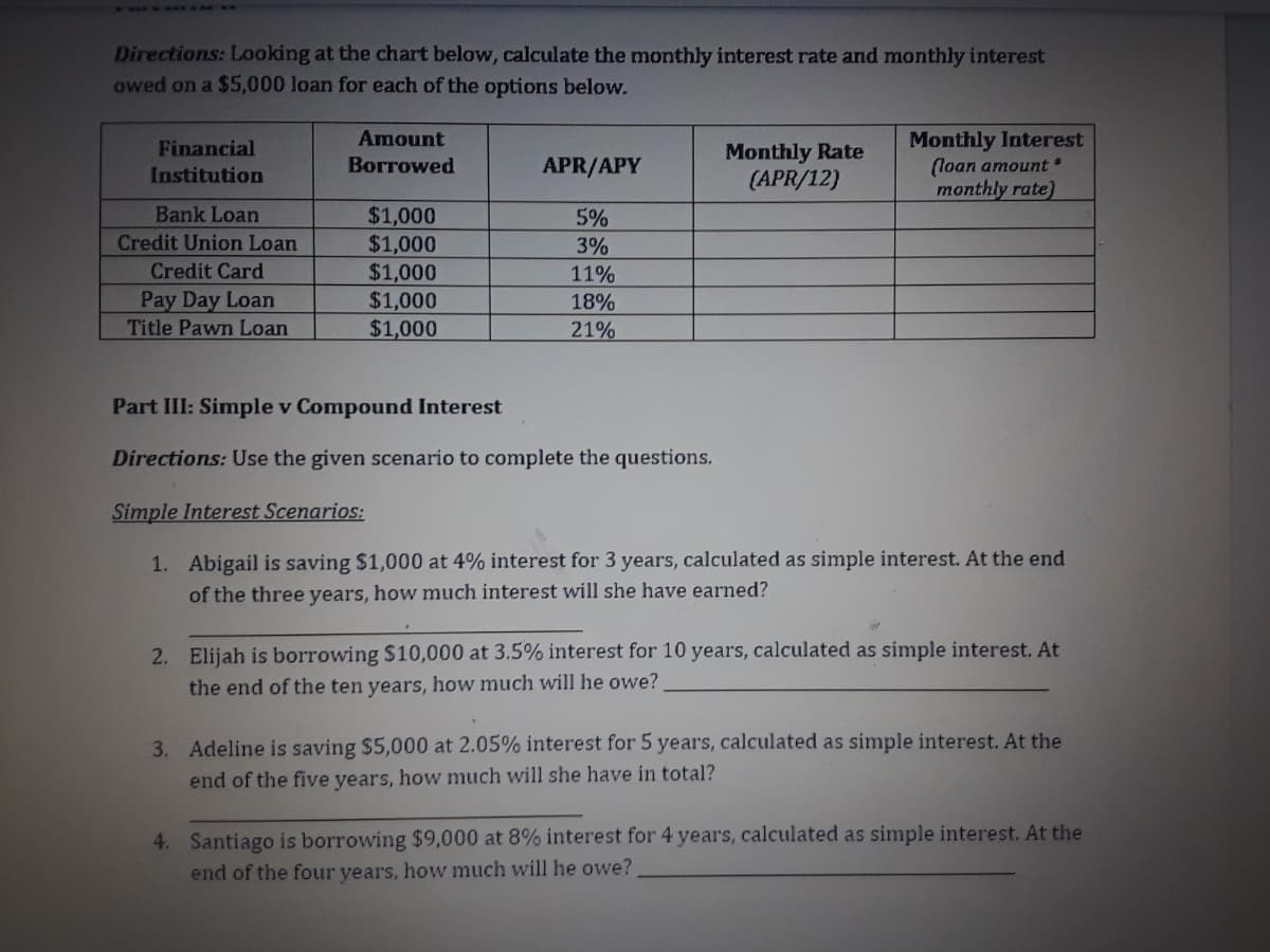 Directions: Looking at the chart below, calculate the monthly interest rate and monthly interest
owed on a $5,000 loan for each of the options below.
Monthly Interest
(loan amount *
monthly rate)
Amount
Financial
Monthly Rate
(APR/12)
Borrowed
APR/APY
Institution
$1,000
$1,000
$1,000
$1,000
$1,000
Bank Loan
5%
Credit Union Loan
3%
Credit Card
11%
Pay Day Loan
18%
Title Pawn Loan
21%
Part III: Simple v Compound Interest
Directions: Use the given scenario to complete the questions.
Simple Interest Scenarios:
1. Abigail is saving $1,000 at 4% interest for 3 years, calculated as simple interest. At the end
of the three years, how much interest will she have earned?
2. Elijah is borrowing $10,000 at 3.5% interest for 10 years, calculated as simple interest. At
the end of the ten years, how much will he owe?
3. Adeline is saving $5,000 at 2.05% interest for 5 years, calculated as simple interest. At the
end of the five years, how much will she have in total?
4. Santiago is borrowing $9,000 at 8% interest for 4 years, calculated as simple interest. At the
end of the four years, how much will he owe?
