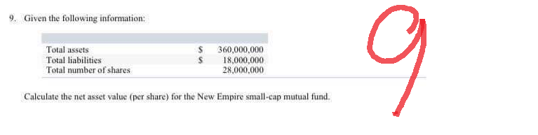9. Given the following information:
Total assets
Total liabilities
$
$360,000,000
18,000,000
28,000,000
Total number of shares
Calculate the net asset value (per share) for the New Empire small-cap mutual fund.
9