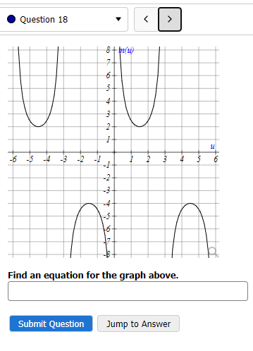 Question 18
-6 -5 -4 -3
-2 -1
8 + 2(2)
7
6
16
4
3
2
1
-1
-2
-3
--4-
to
1
2 3
Find an equation for the graph above.
Submit Question Jump to Answer
4
22
6