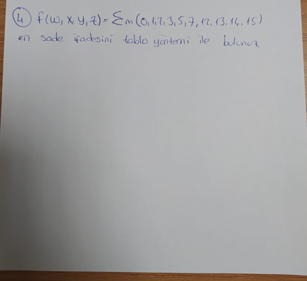 4f(w,x, y,2)- Em(o,12,3,5,7,12.13, 14,15)
en Sade ifadesini tablo yantemi ile buluner
