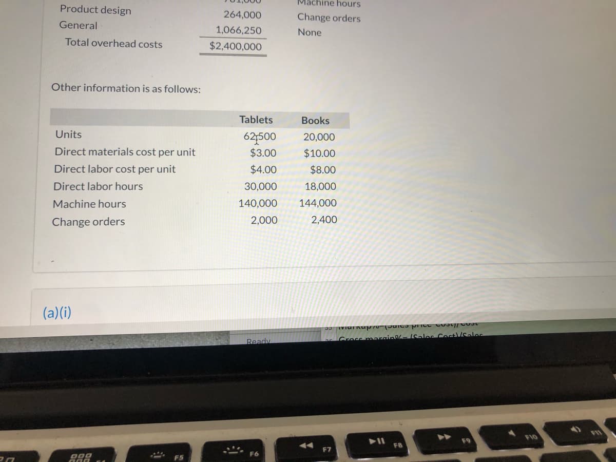 Machine hours
Product design
264,000
Change orders
General
1,066,250
None
Total overhead costs
$2,400,000
Other information is as follows:
Tablets
Books
Units
62500
20,000
Direct materials cost per unit
$3.00
$10.00
Direct labor cost per unit
$4.00
$8.00
Direct labor hours
30,000
18,000
Machine hours
140,000
144,000
Change orders
2,000
2,400
(a)(i)
Ready
Gress margin-ISalos Coctl/Sales
F8
F5
