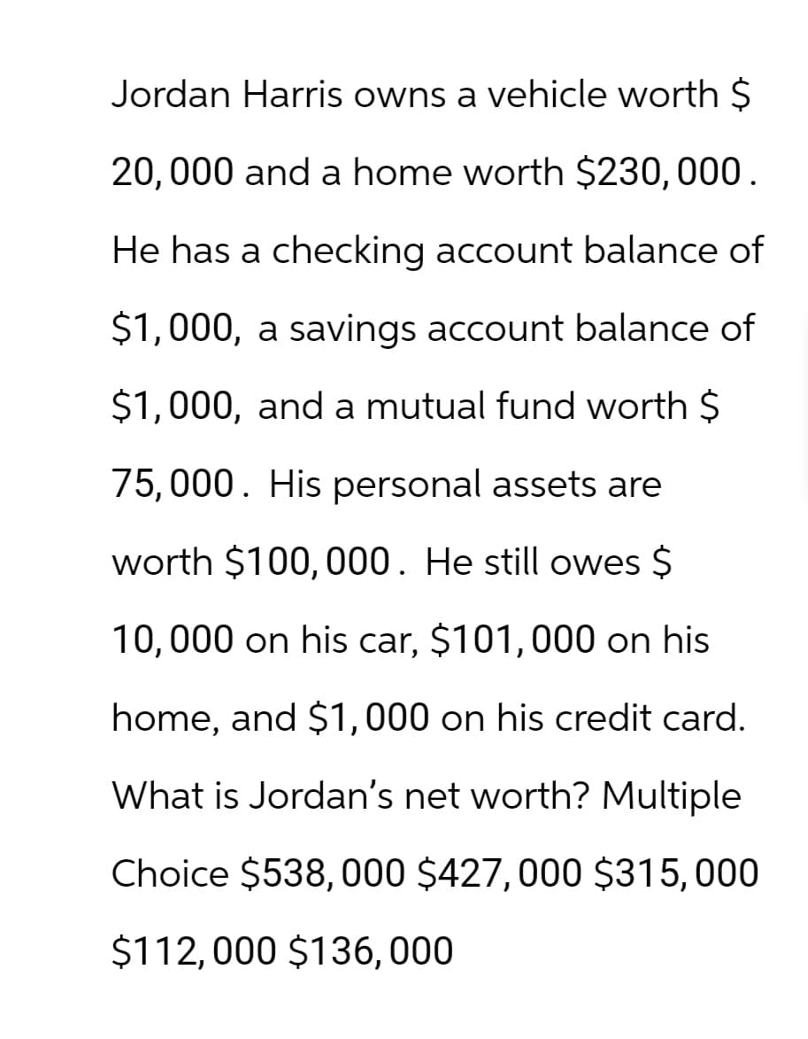 Jordan Harris owns a vehicle worth $
20,000 and a home worth $230,000.
He has a checking account balance of
$1,000, a savings account balance of
$1,000, and a mutual fund worth $
75,000. His personal assets are
worth $100,000. He still owes $
10,000 on his car, $101,000 on his
home, and $1,000 on his credit card.
What is Jordan's net worth? Multiple
Choice $538, 000 $427,000 $315,000
$112,000 $136, 000