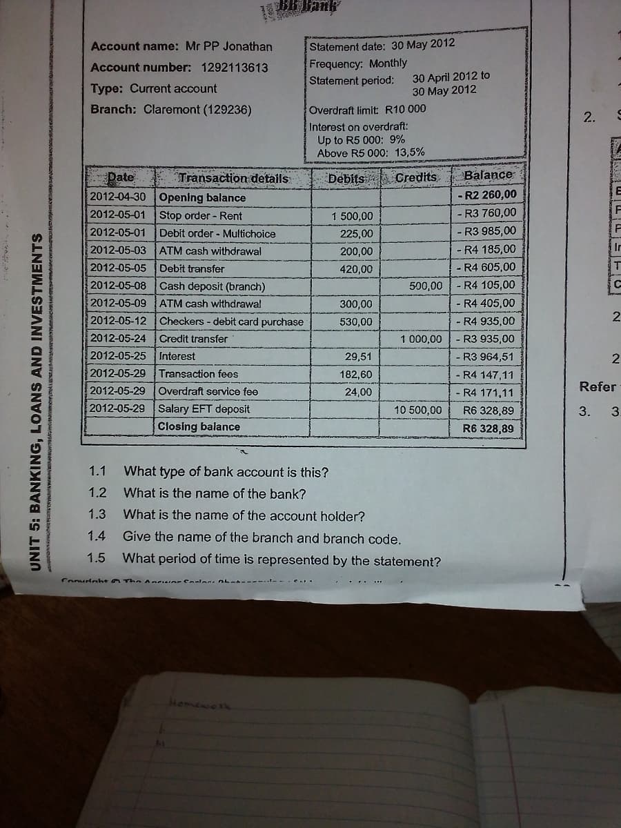 Statement date: 30 May 2012
Frequency: Monthly
Account name: Mr PP Jonathan
Account number: 1292113613
30 April 2012 to
30 May 2012
Statement period:
Type: Current account
Branch: Claremont (129236)
Overdraft limit R10 000
2.
Interest on overdraft:
Up to R5 000: 9%
Above R5 000: 13,5%
Date
Transaction details
Debits Credits
Balance
- R2 260,00
2012-04-30 Opening balance
2012-05-01
Stop order - Rent
1 500,00
- R3 760,00
2012-05-01
Debit order - Multichoice
225,00
- R3 985,00
In
- R4 185,00
- R4 605,00
2012-05-03
ATM cash withdrawal
200,00
2012-05-05
Debit transfer
420,00
2012-05-08
Cash deposit (branch)
500,00
- R4 105,00
2012-05-09
ATM cash withdrawal
300,00
- R4 405,00
2012-05-12
Checkers - debit card purchase
530,00
- R4 935,00
2
2012-05-24
Credit transfer
1 000,00
- R3 935,00
2012-05-25
Interest
29,51
R3 964,51
2
2012-05-29 Transaction fees
182,60
- R4 147,11
Refer
2012-05-29
2012-05-29 Salary EFT deposit
Overdraft service fee
24,00
- R4 171,11
10 500,00
R6 328,89
3.
3.
Closing balance
R6 328,89
1.1
What type of bank account is this?
1.2
What is the name of the bank?
1.3
What is the name of the account holder?
1.4
Give the name of the branch and branch code.
1.5
What period of time is represented by the statement?
Comurdeshe A T ha Anc -Cole L-
Homenctk
UNIT 5: BANKING, LOANS AND INVESTMENTS
