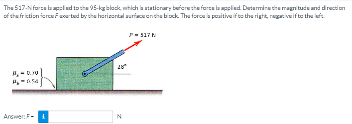 The 517-N force is applied to the 95-kg block, which is stationary before the force is applied. Determine the magnitude and direction
of the friction force Fexerted by the horizontal surface on the block. The force is positive if to the right, negative if to the left.
P = 517 N
28°
H, = 0.70
H = 0.54
Answer: F- i
