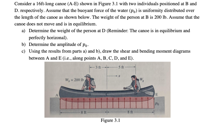 Consider a 16ft-long canoe (A-E) shown in Figure 3.1 with two individuals positioned at B and
D. respectively. Assume that the buoyant force of the water (po) is uniformity distributed over
the length of the canoe as shown below. The weight of the person at B is 200 lb. Assume that the
canoe does not move and is in equilibrium.
a) Determine the weight of the person at D (Reminder: The canoe is in equilibrium and
perfectly horizonal).
b) Determine the amplitude of po
c) Using the results from parts a) and b), draw the shear and bending moment diagrams
between A and E (i.e., along points A, B, C, D, and E).
30-
W₁ = 200 lb
8 ft
Figure 3.1
5 ft
W
8
E
Po
8 ft