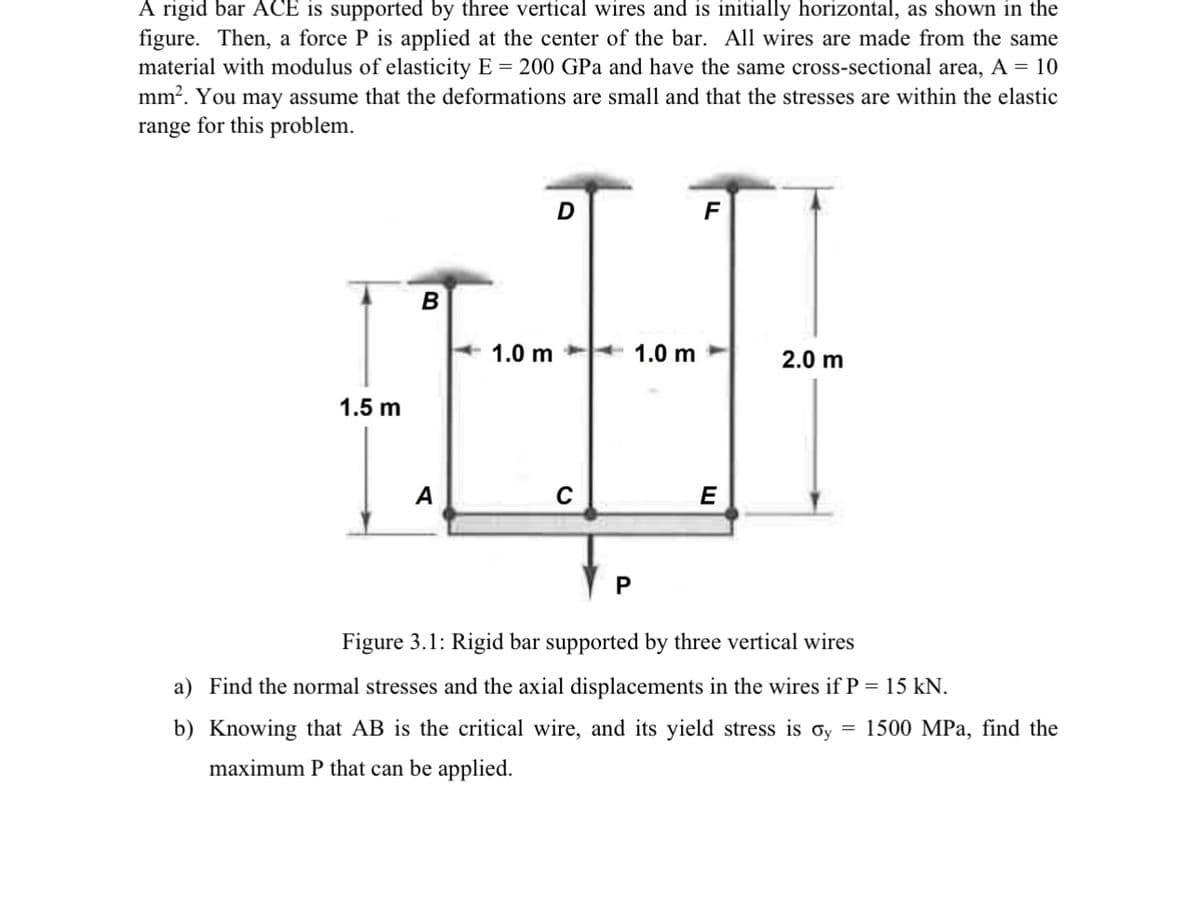 A rigid bar ACE is supported by three vertical wires and is initially horizontal, as shown in the
figure. Then, a force P is applied at the center of the bar. All wires are made from the same
material with modulus of elasticity E = 200 GPa and have the same cross-sectional area, A = 10
mm². You may assume that the deformations are small and that the stresses are within the elastic
range for this problem.
1.5 m
A
D
F
1.0 m
1.0 m
H
C
E
P
A
2.0 m
Figure 3.1: Rigid bar supported by three vertical wires
a) Find the normal stresses and the axial displacements in the wires if P = 15 kN.
b) Knowing that AB is the critical wire, and its yield stress is oy
maximum P that can be applied.
= 1500 MPa, find the