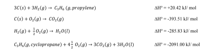 ЗC(8) + зн,(9) — C3H, (9.propyleпе)
АН° 3 +20.42 kJ/ mol
C($) + 0,(9) — со,()
АН° - -393.51 kJ mol
H2(g) + ¿O2(9) → H20(1)
АН° 3 -285.83 kJ mol
СзН, (9, суclopropапе) + 43 0,(9) — зсо,(9) + зн,0()
АН° 3 -2091.00 kJ/ mol

