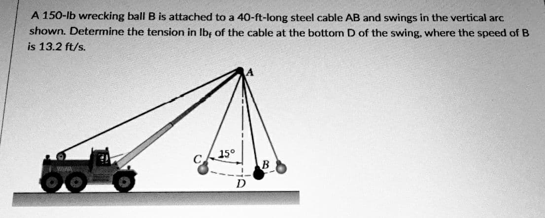 A 150-lb wrecking ball B is attached to a 40-ft-long steel cable AB and swings in the vertical arc
shown. Determine the tension in lbf of the cable at the bottom D of the swing, where the speed of B
is 13.2 ft/s.
C.
15°
D