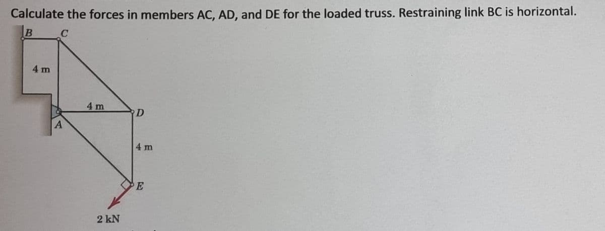 Calculate the forces in members AC, AD, and DE for the loaded truss. Restraining link BC is horizontal.
B
4 m
4m
D
4 m
E
2 kN
