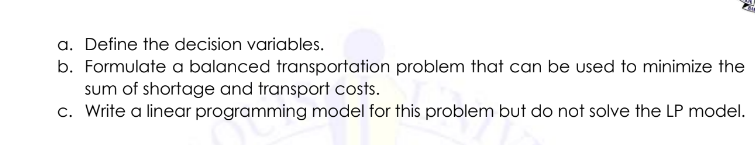 a. Define the decision variables.
b. Formulate a balanced transportation problem that can be used to minimize the
sum of shortage and transport costs.
c. Write a linear programming model for this problem but do not solve the LP model.
