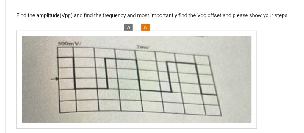 Find the amplitude(Vpp) and find the frequency and most importantly find the Vdc offset and please show your steps
500mV/