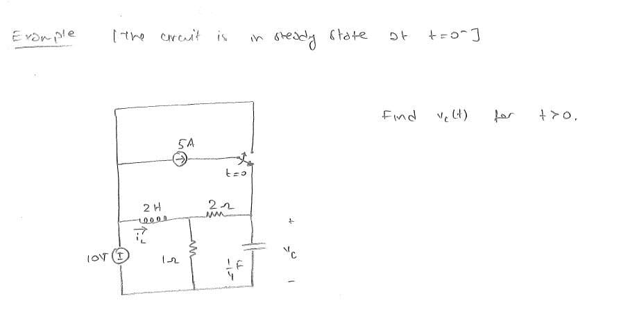 Example
I the crait is
in
steady state
ot
+=0"]
5A
t=o
2 H
10000
22
12
F
Find
vc (t)
for
+>o.