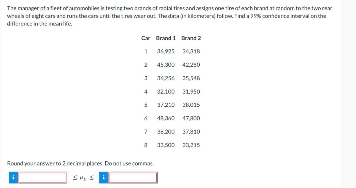 The manager of a fleet of automobiles is testing two brands of radial tires and assigns one tire of each brand at random to the two rear
wheels of eight cars and runs the cars until the tires wear out. The data (in kilometers) follow. Find a 99% confidence interval on the
difference in the mean life.
Car Brand 1 Brand 2
1
36,925
34,318
2
45,300 42,280
3
36,256 35.548
4
32,100 31,950
5
37,210 38,015
6
48,360 47,800
7
38.200 37,810
8
33,500 33,215
Round your answer to 2 decimal places. Do not use commas.
<MD ≤
S
i