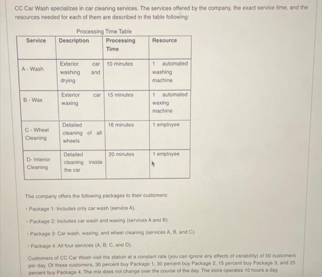 CC Car Wash specializes in car cleaning services. The services offered by the company, the exact service time, and the
resources needed for each of them are described in the table following:
Service
A-Wash
B-Wax
C-Wheel
Cleaning
D- Interior
Cleaning
Processing Time Table
Processing
Time
Description
Exterior
washing
drying
Exterior
waxing
car 10 minutes
and
car 15 minutes
Detailed
cleaning of all
wheels
Detailed
cleaning inside
the car
16 minutes
20 minutes
Resource
1 automated
washing
machine
1 automated
waxing
machine
1 employee
1 employee
The company offers the following packages to their customers:
- Package 1: Includes only car wash (service A).
• Package 2: Includes car wash and waxing (services A and B).
• Package 3: Car wash, waxing, and wheel cleaning (services A, B, and C).
• Package 4: All four services (A, B, C, and D).
Customers of CC Car Wash visit the station at a constant rate (you can ignore any effects of variability) of 50 customers
per day. Of these customers, 30 percent buy Package 1, 30 percent buy Package 2, 15 percent buy Package 3, and 25
percent buy Package 4. The mix does not change over the course of the day. The store operates 10 hours a day.
