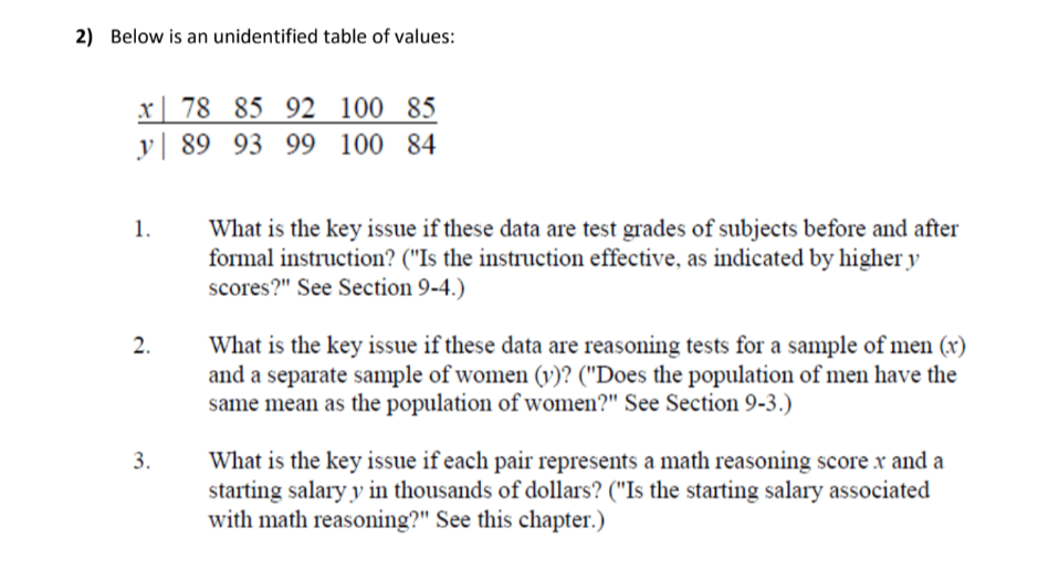 2) Below is an unidentified table of values:
x
78 85 92 100 85
89 93 99 100 84
y
1.
What is the key issue if these data are test grades of subjects before and after
formal instruction? ("Is the instruction effective, as indicated by higher y
scores?" See Section 9-4.)
2.
What is the key issue if these data are reasoning tests for a sample of men (x)
and a separate sample of women (y)? ("Does the population of men have the
same mean as the population of women?" See Section 9-3.)
What is the key issue if each pair represents a math reasoning score x and a
starting salary y in thousands of dollars? ("Is the starting salary associated
with math reasoning?" See this chapter.)
3.