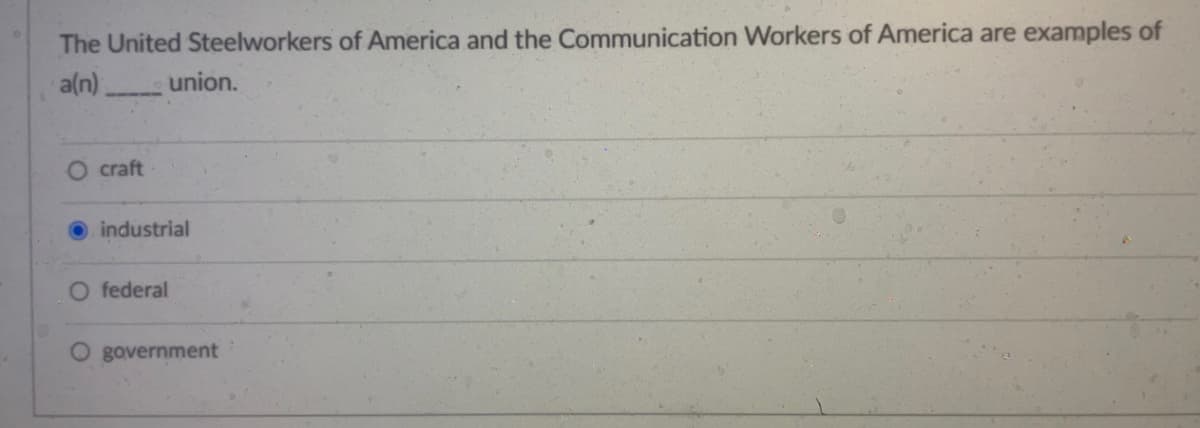 The United Steelworkers of America and the Communication Workers of America are examples of
a(n) union.
O craft
industrial
O federal
O government