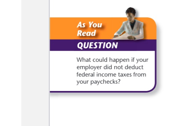 As You
Read
QUESTION
What could happen if your
employer did not deduct
federal income taxes from
your paychecks?
