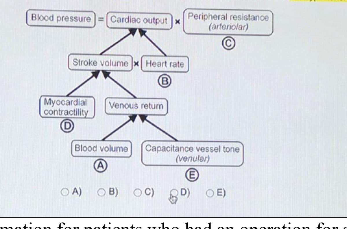 Blood pressure = Cardiac output x
Stroke volume x Heart rate
(B)
Myocardial Venous return
contractility
Peripheral resistance
(arteriolar)
Blood volume Capacitance vessel tone
(venular)
(A)
E
D) OE)
OA) OB) OC)
motion for notionta who had on oporation for