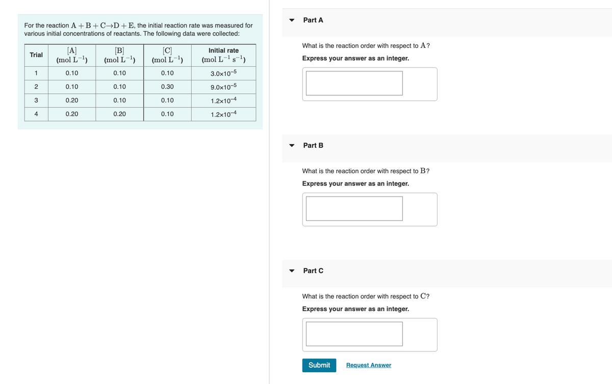 Part A
For the reaction A +B + C-→D+E, the initial reaction rate was measured for
various initial concentrations of reactants. The following data were collected:
What is the reaction order with respect to A?
[A]
(mol L-1)
[B]
(mol L-1)
[C]
(mol L-1)
Initial rate
Trial
(mol L-1 s-1)
Express your answer as an integer.
1
0.10
0.10
0.10
3.0x10-5
0.10
0.10
0.30
9.0x10-5
3
0.20
0.10
0.10
1.2x10-4
4
0.20
0.20
0.10
1.2x10-4
Part B
What is the reaction order with respect to
Express your answer as an integer.
Part C
What is the reaction order with respect to C?
Express your answer as an integer.
Submit
Request Answer
