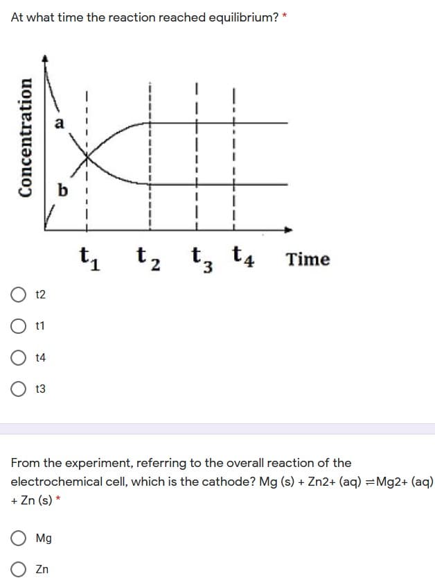 At what time the reaction reached equilibrium? *
a
b
t1
tz
t, t4
Time
O 12
O 1
O 14
t3
From the experiment, referring to the overall reaction of the
electrochemical cell, which is the cathode? Mg (s) + Zn2+ (aq) =Mg2+ (aq)
+ Zn (s) *
Mg
Zn
Concentration
