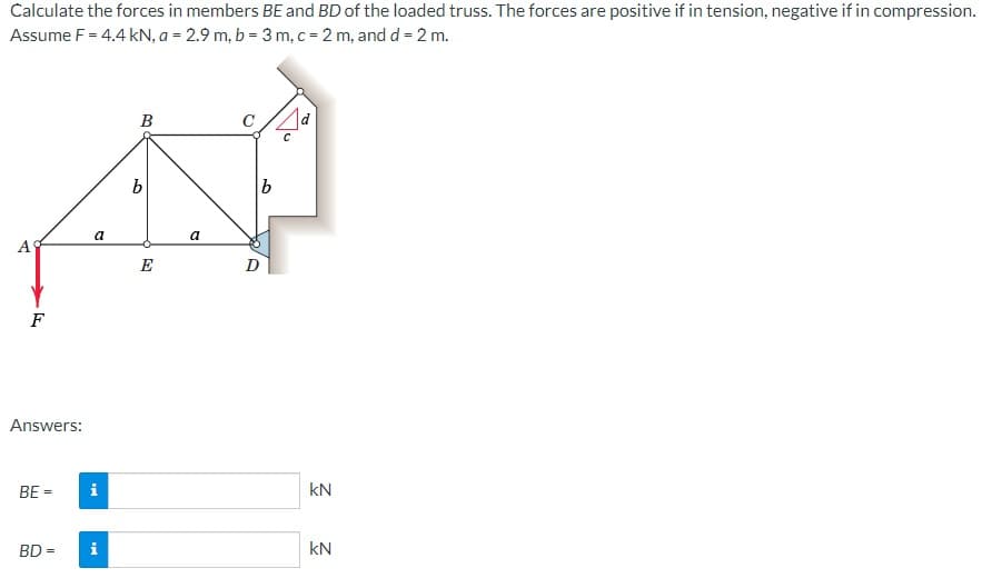 Calculate the forces in members BE and BD of the loaded truss. The forces are positive if in tension, negative if in compression.
Assume F = 4.4 kN, a = 2.9 m, b = 3 m, c = 2 m, and d = 2 m.
A
F
Answers:
BE =
BD =
a
i
B
b
E
a
b
D
d
kN
kN
