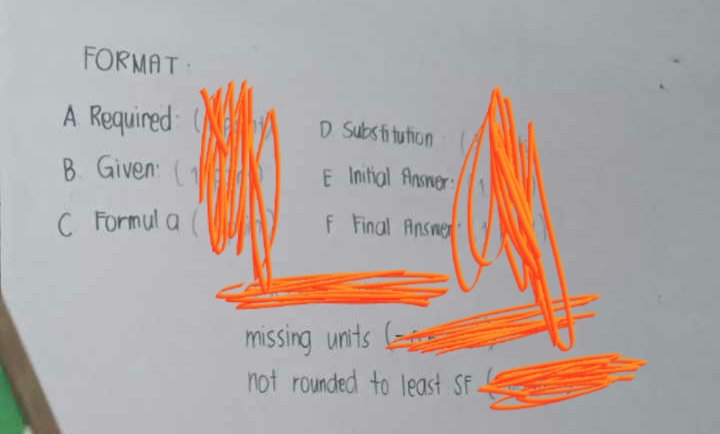 FORMAT:
A Required
B. Given (1
C Formula (
D. Substitution
E Initial Answer
F Final Answer
missing units (
not rounded to least SF.