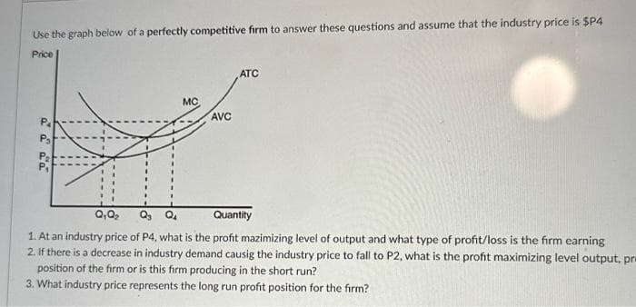 Use the graph below of a perfectly competitive firm to answer these questions and assume that the industry price is $P4
Price
P₂
aaaa
P₁
MC
AVC
ATC
Q₁Q₂
Q3 Q4
Quantity
1. At an industry price of P4, what is the profit mazimizing level of output and what type of profit/loss is the firm earning
2. If there is a decrease in industry demand causig the industry price to fall to P2, what is the profit maximizing level output, pr
position of the firm or is this firm producing in the short run?
3. What industry price represents the long run profit position for the firm?