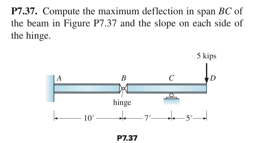 P7.37. Compute the maximum deflection in span BC of
the beam in Figure P7.37 and the slope on each side of
the hinge.
A
10'
B
hinge
P7.37
7'-
C
5 kips
5-
D