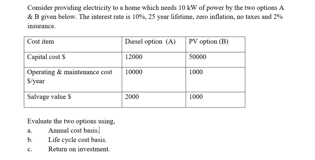 Consider providing electricity to a home which needs 10 kW of power by the two options A
& B given below. The interest rate is 10%, 25 year lifetime, zero inflation, no taxes and 2%
insurance.
Cost item
Diesel option (A)
PV option (B)
Capital cost S
12000
50000
Operating & maintenance cost
$/year
10000
1000
Salvage value $
2000
1000
Evaluate the two options using,
Annual cost basis.
а.
b.
Life cycle cost basis.
с.
Return on investment.
