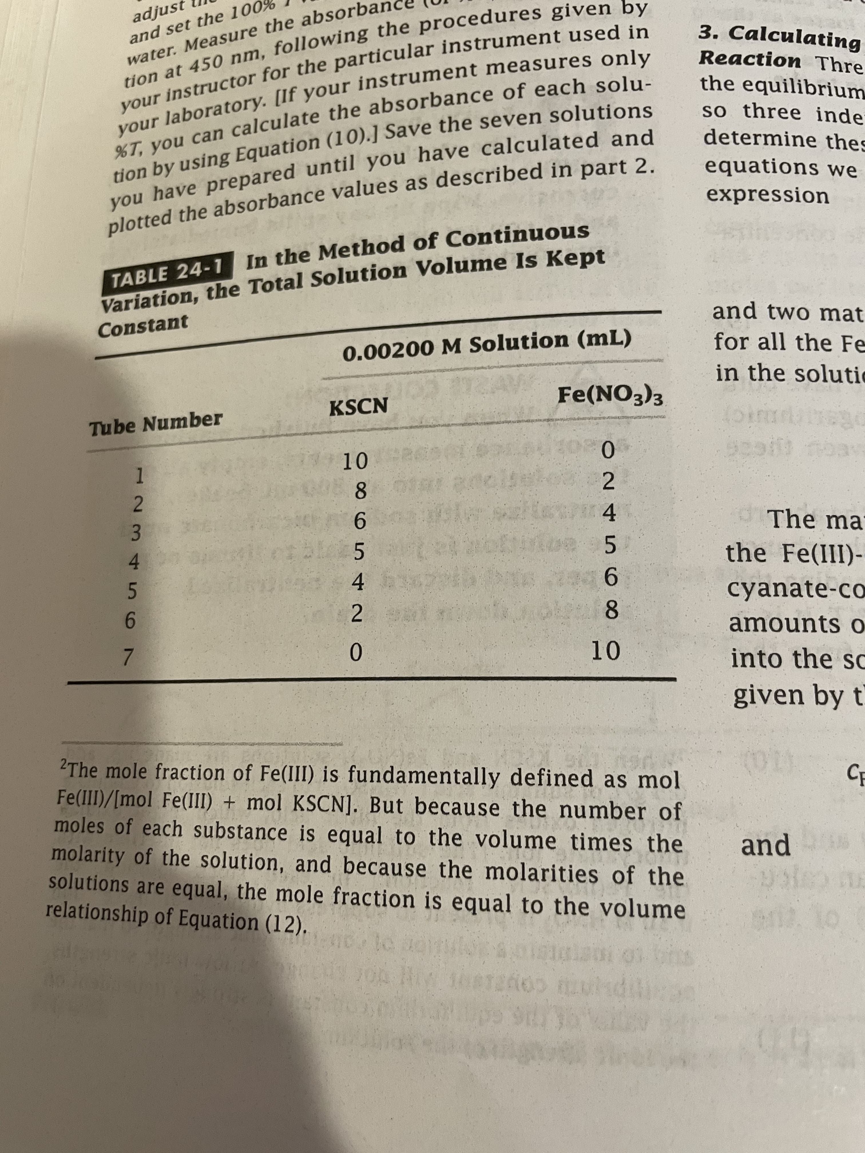 456 7
water. Measure the absorba
tion at 450 nm, following the procedures given b..
your for the instruent in
tion at the procedures by
your [If measures only
%T, you can the of solu-
you have until you and
tion by the solutions
adjust
3. Calculating
and set the 100
Reaction Thre
the equilibrium
so three inde
your laboratory. [If your instrument measures only
determine thes
equations we
expression
plotted the absorbance values as described in part 2
In the Method of Continuous
TABLE 24-1
Variation, the Total Solution Volume Is Kept
and two mat
Constant
for all the Fe
0.00200 M Solution (mL)
in the solutic
Fe(NO3)3
KSCN
Tube Number
2.
dThe ma
9.
3.
the Fe(III)-
cyanate-co
amounts o
into the sc
0.
given by t
2The mole fraction of Fe(III) is fundamentally defined as mol
Fe(III)/[mol Fe(III) + mol KSCN]. But because the number of
moles of each substance is equal to the volume times the
molarity of the solution, and because the molarities of the
solutions are equal, the mole fraction is equal to the volume
relationship of Equation (12).
Cp
and
