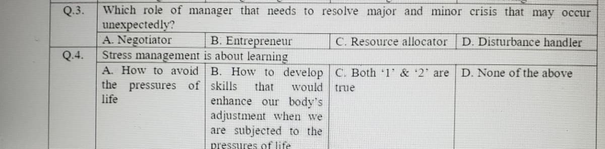 Which role of manager that needs to resolve major and minor crisis that may occur
unexpectedly?
A. Negotiator
Stress management is about learning
A. How to avoid | B. How to develop C. Both 1' & '2 are
the pressures of skills
life
Q.3.
B. Entrepreneur
C. Resource allocator
D. Disturbance handler
Q.4.
D. None of the above
would true
enhance our body's
adjustment when we
are subjected to the
that
pressures of life
