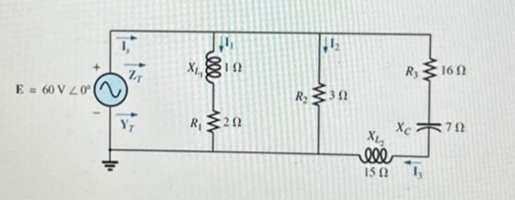 E = 60 V 20°
+
ZT
YT
X₁,8
Feee
R₁
www
ΤΩ
202
T
R₂ 302
X₁₂
ele
15.02
R3
Xc
www
160
792