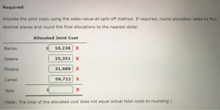 Required:
Allocate the joint costs using the
decimal places and round the final allocations to the nearest dollar.
Barlon
Selene
Plicene
Corsol
Total
sales-value-at-split-off method. If required, round allocation rates to four
Allocated Joint Cost
10,238 X
25,351 X
31,689 X
59,722 X
X
(Note: The total of the allocated cost does not equal actual total costs to rounding.)