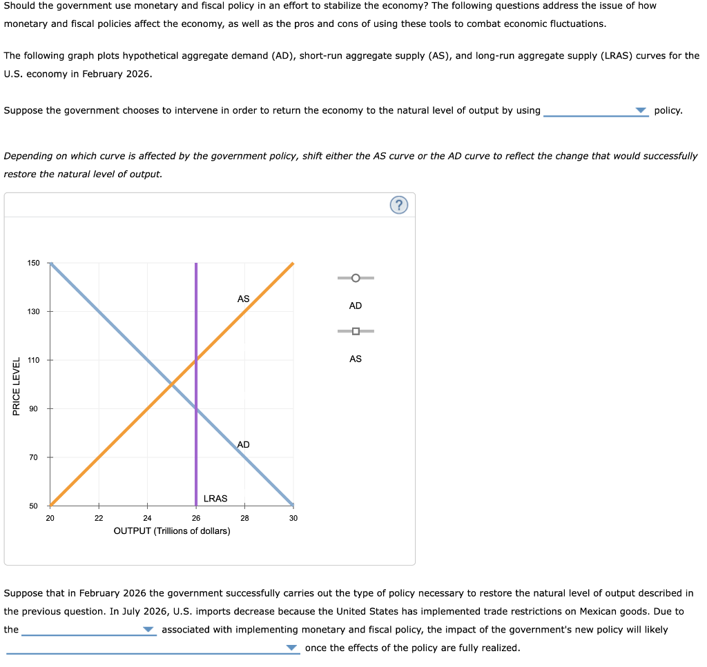 Should the government use monetary and fiscal policy in an effort to stabilize the economy? The following questions address the issue of how
monetary and fiscal policies affect the economy, as well as the pros and cons of using these tools to combat economic fluctuations.
The following graph plots hypothetical aggregate demand (AD), short-run aggregate supply (AS), and long-run aggregate supply (LRAS) curves for the
U.S. economy in February 2026.
Suppose the government chooses to intervene in order to return the economy to the natural level of output by using
Depending on which curve is affected by the government policy, shift either the AS curve or the AD curve to reflect the change that would successfully
restore the natural level of output.
AS
130
110
X
AD
70
LRAS
22
24
26
OUTPUT (Trillions of dollars)
PRICE LEVEL
150
50
20
28
30
AD
4
AS
policy.
(?
Suppose that in February 2026 the government successfully carries out the type of policy necessary to restore the natural level of output described in
the previous question. In July 2026, U.S. imports decrease because the United States has implemented trade restrictions on Mexican goods. Due to
the
associated with implementing monetary and fiscal policy, the impact of the government's new policy will likely
once the effects of the policy are fully realized.