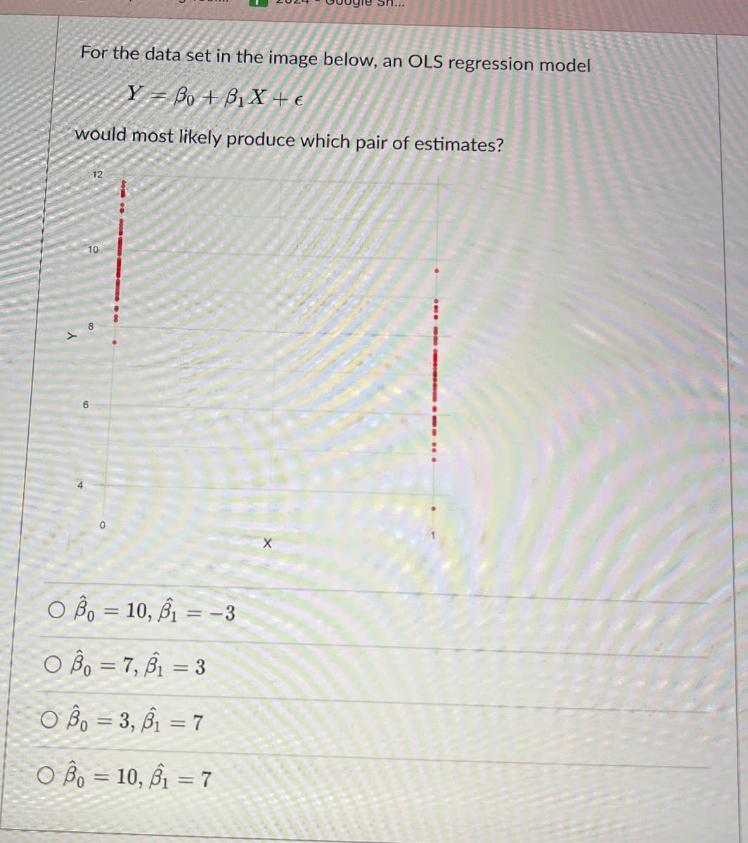 ogle Sh...
For the data set in the image below, an OLS regression model
YBo+B₁X+€
would most likely produce which pair of estimates?
12
10
6
4
0
O Bo=10, B₁ = -3
O Bo=7, B₁ = 3
OB₁ = 3, B₁ = 7
OB₁ = 10, B₁ = 7