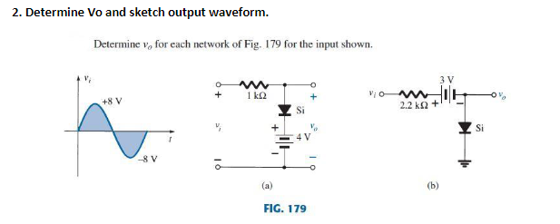 2. Determine Vo and sketch output waveform.
Determine v, for cach network of Fig. 179 for the input shown.
3 V
+
1 k2
+8 V
2.2 ka +
Si
-8 V
(a)
(b)
FIG. 179
