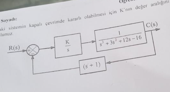 Soyadı:
aki sistemin kapalı çevrimde kararlı olabilmesi için K 'nın değer aralığın
lunuz.
C(s)
R(s)
K
s' + 3s? +12s-16
(s + 1)
