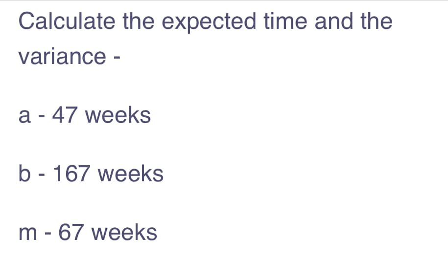 Calculate the expected time and the
variance -
a - 47 weeks
b - 167 weeks
m - 67 weeks
